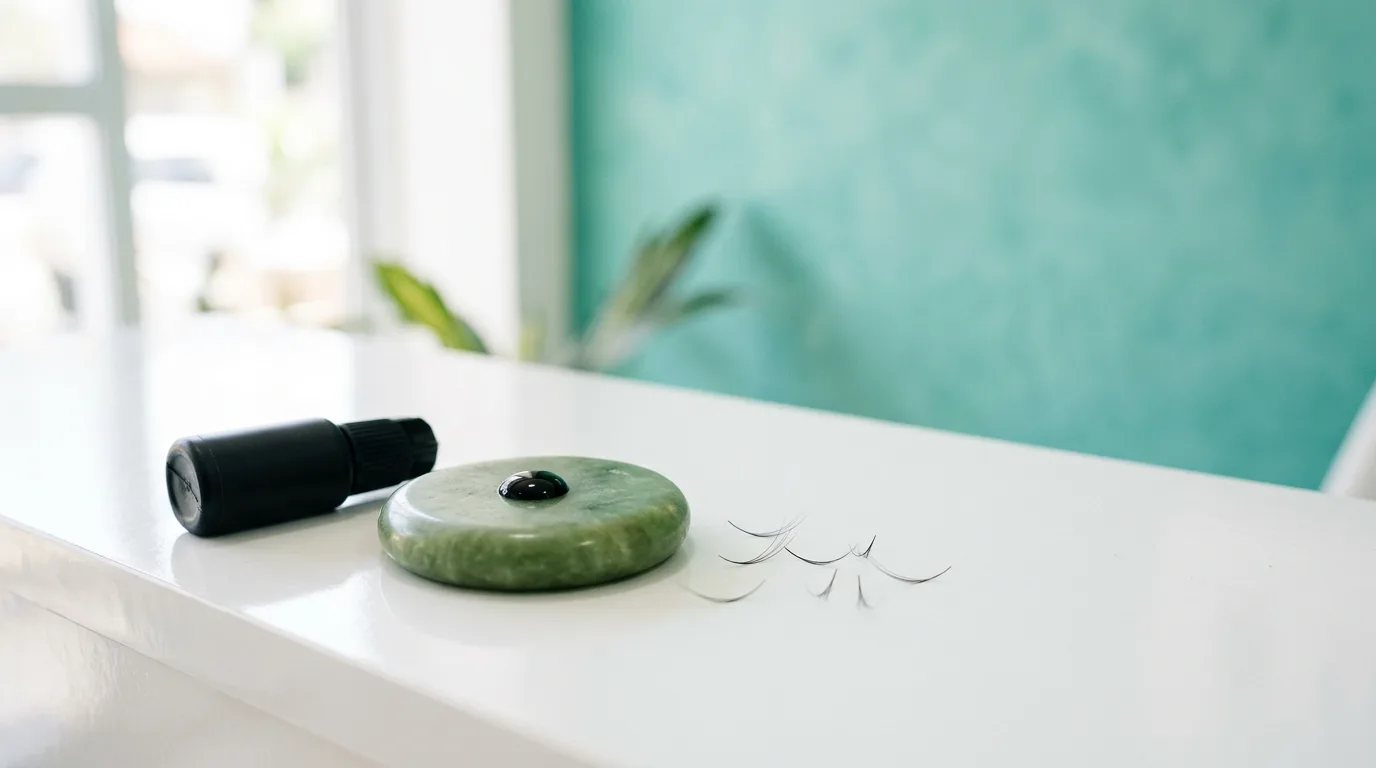 Frasco preto de cola de cílios deitado na bancada branca do studio, ao lado de uma pedra de jade verde com uma gota de cola preta e de alguns fios de extensão soltos, com a parede verde-água ao fundo