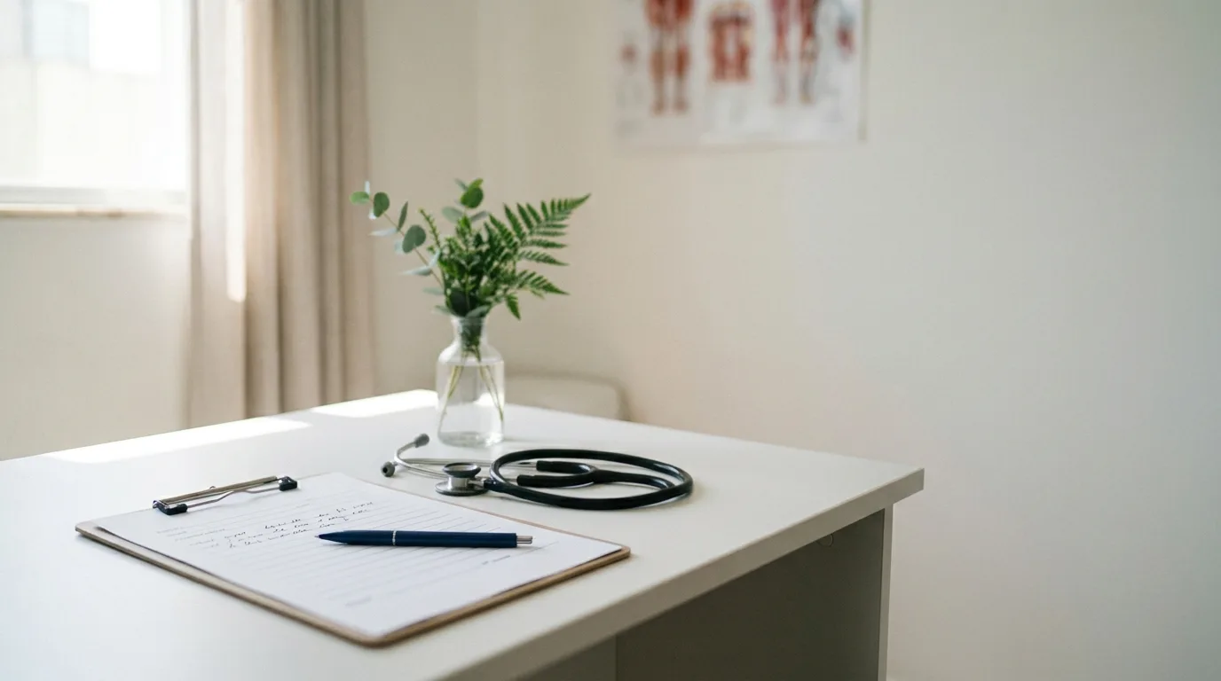 Mesa branca de consultório médico com uma prancheta, uma caneta e um estetoscópio, e um vaso de vidro com folhagem, na luz da janela
